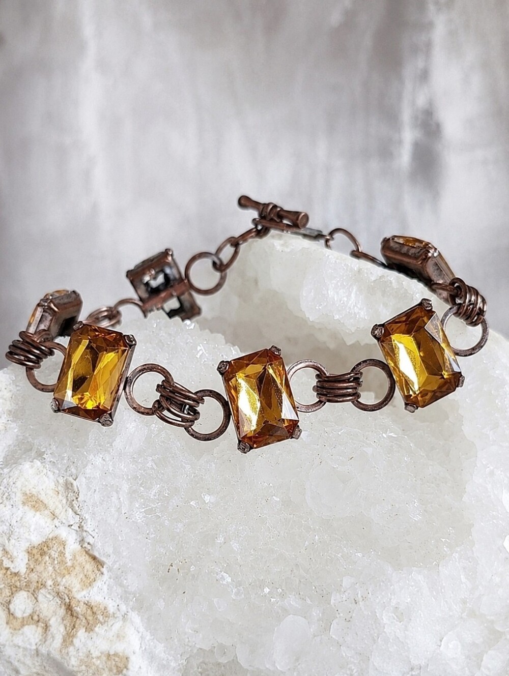 Vintage Link Bracelet Golden Honey Topaz Emerald Cut Glass Stones Toggle Clasp